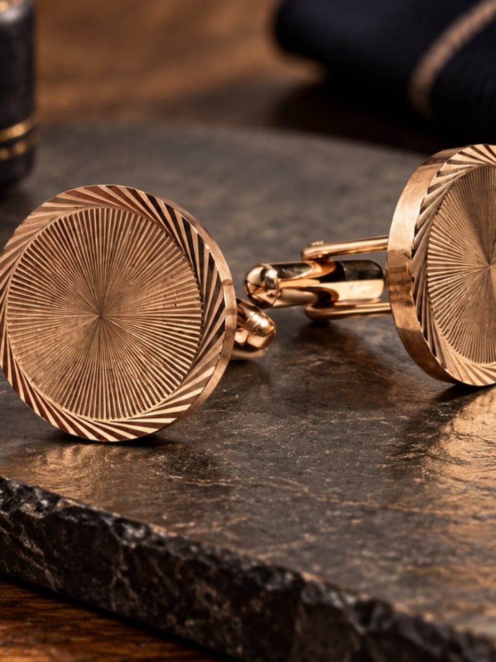 Vintage Rose Gold Tone Sunburst Etched Round Cufflinks
